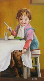 yemeğini köpeği ile paylaşan çocuk
