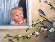 ağacın dalına konan kuşu penceresinden meraklı gözlerle izleyen çocuk